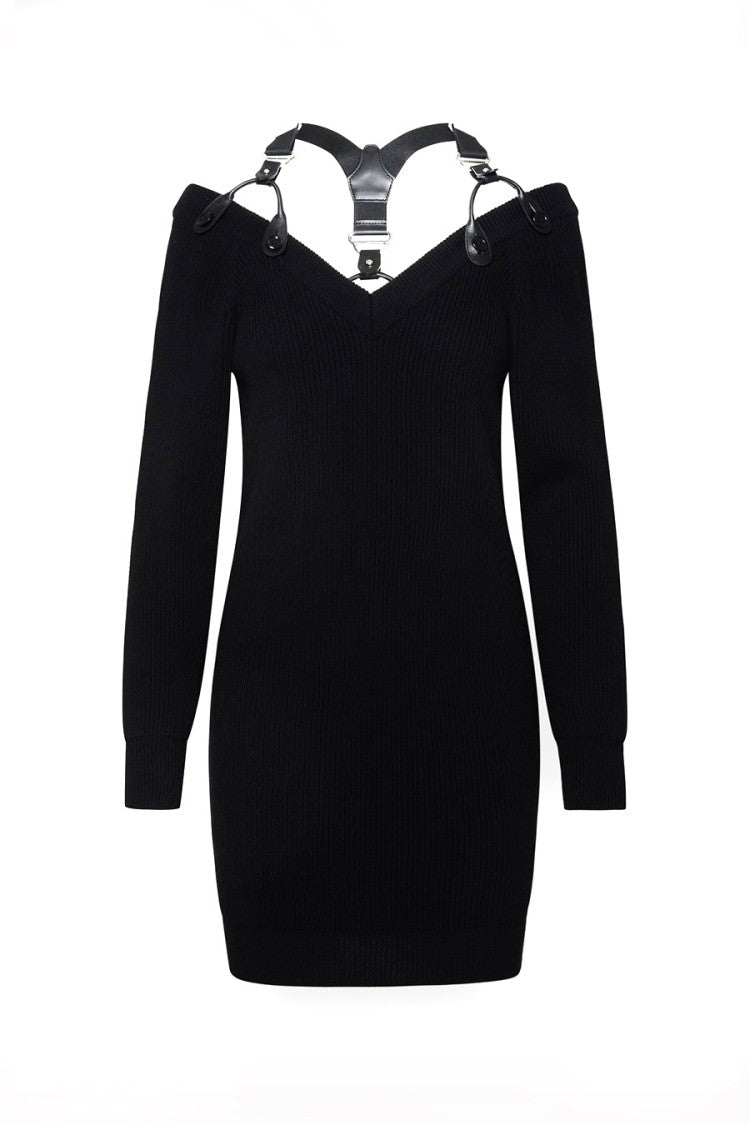 Moschino Fitted Black Wool Mini Dress Off-Shoulder