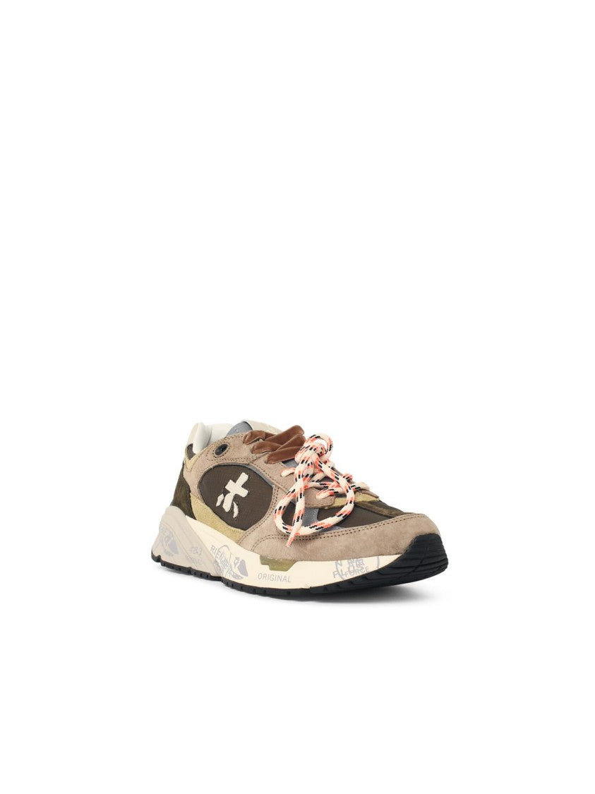Premiata Brown And Beige Leather Blend Sneakers With Logo Embroidery