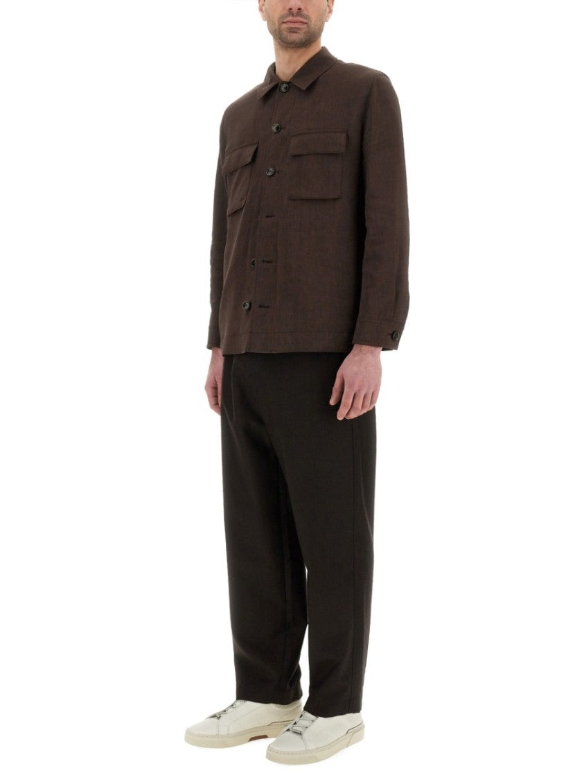 Boss Camel Textured Brown Button-Up Jacket With Classic Collar
