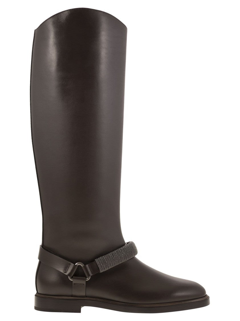 Brunello Cucinelli Mat Calf Boots With Precious Ribbed Strap