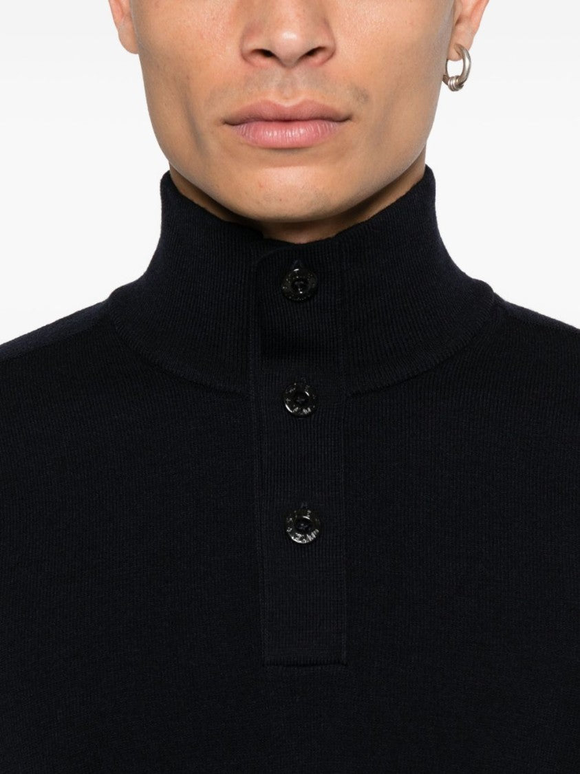 Stone Island High Collar Half Button Blue Sweater With Distinct Logo Badge
