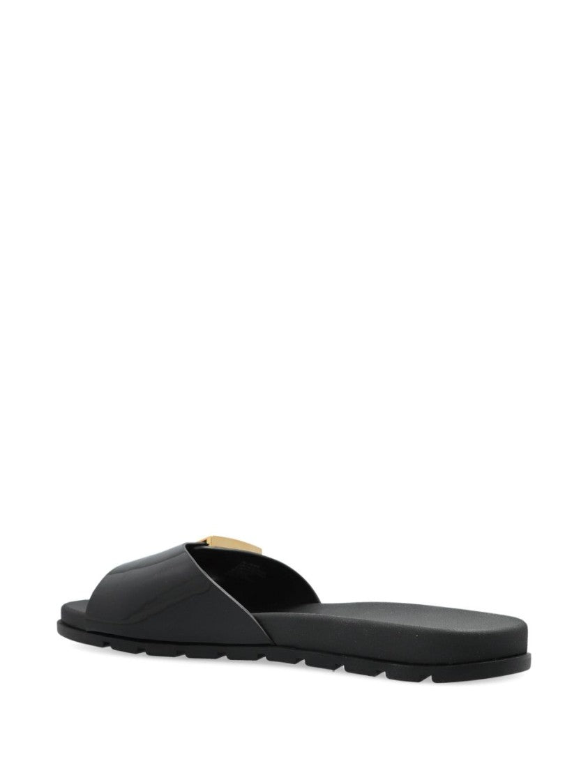 Tory Burch Black Slide Sandals With Gold-Tone Logo Buckle