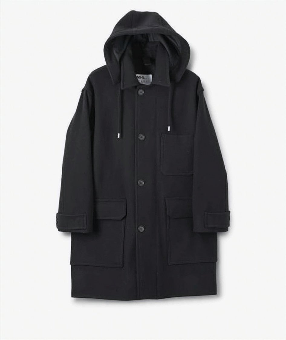 Margaret Howell Long Hooded Wool Coat With Button Closure
