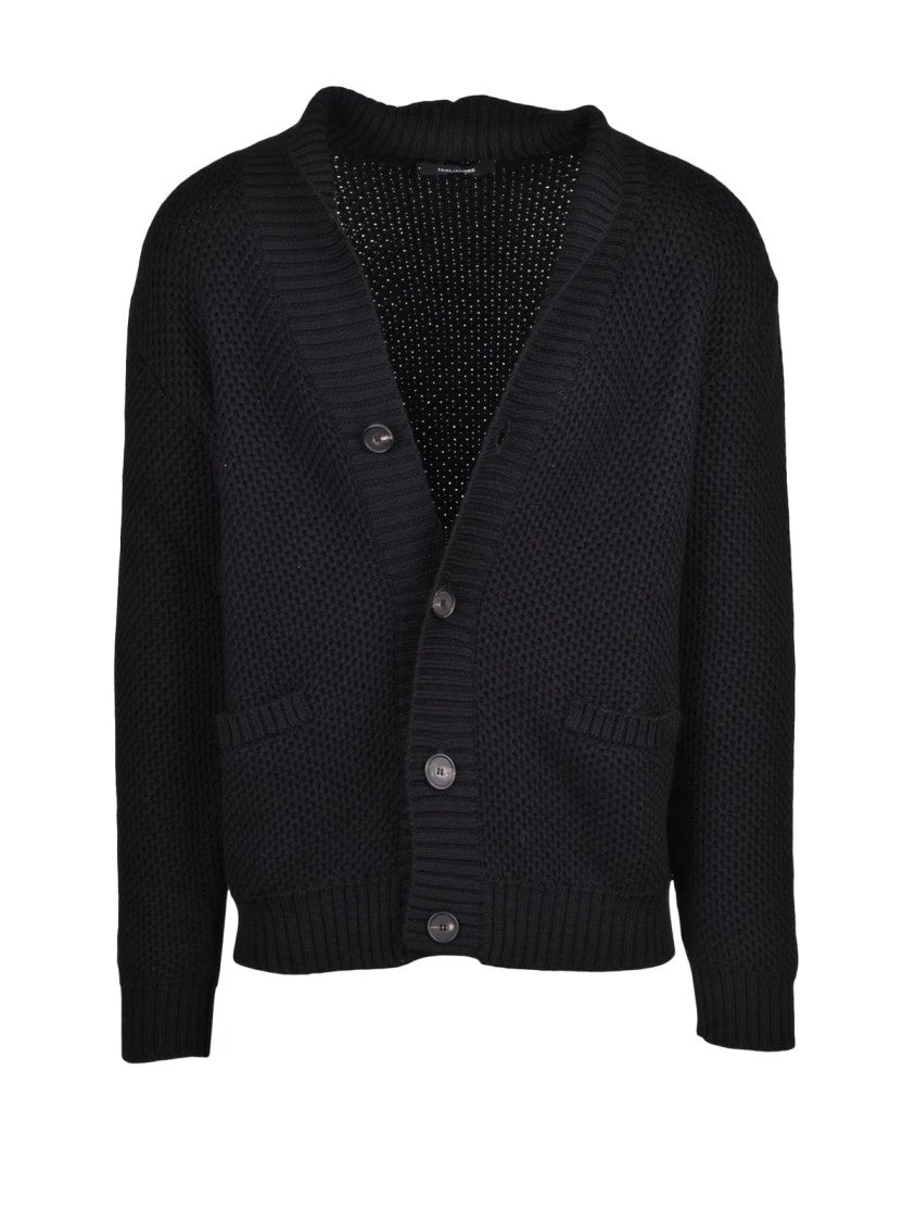 Tagliatore Black Textured Knit Virgin Wool V-Neck Cardigan