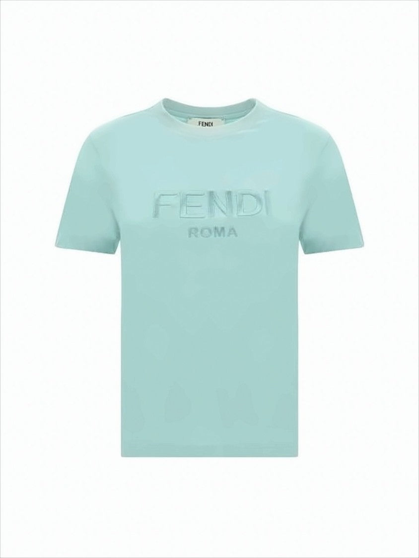 Fendi Light Blue Cotton T-Shirt With Embroidered Logo Detail