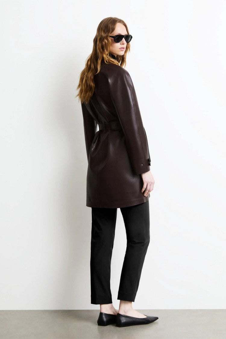 Rrd Dark Brown Glossy Double-Breasted Belted Trench Coat