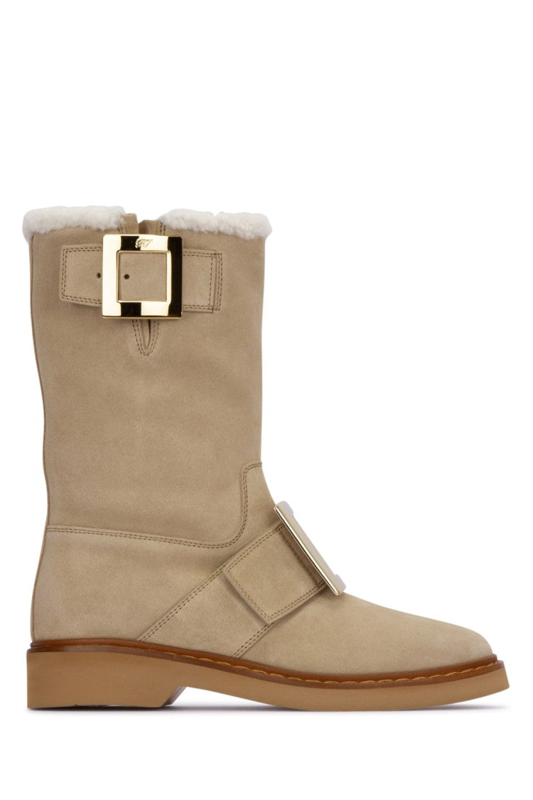 Roger Vivier Mid-Calf Beige Suede Boots With Shearling Lining