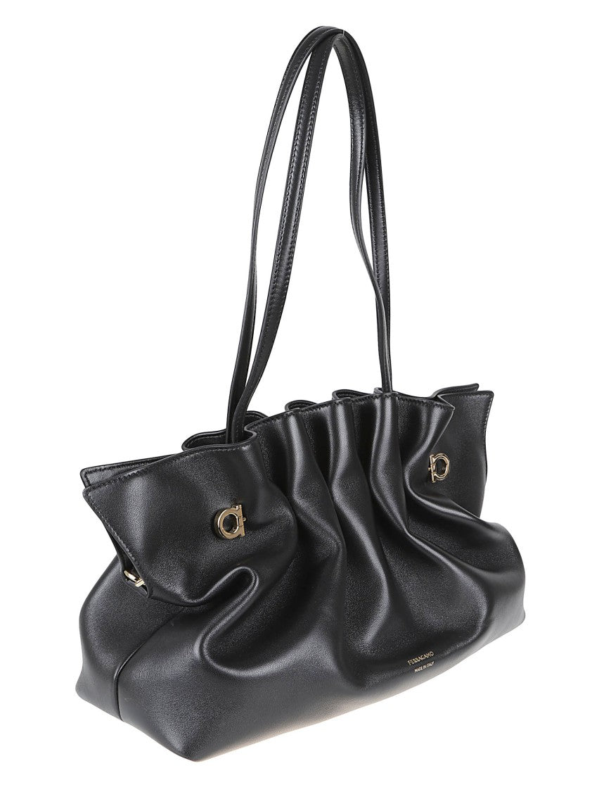 Ferragamo Ruched Black Handbag In Soft Lamb Leather