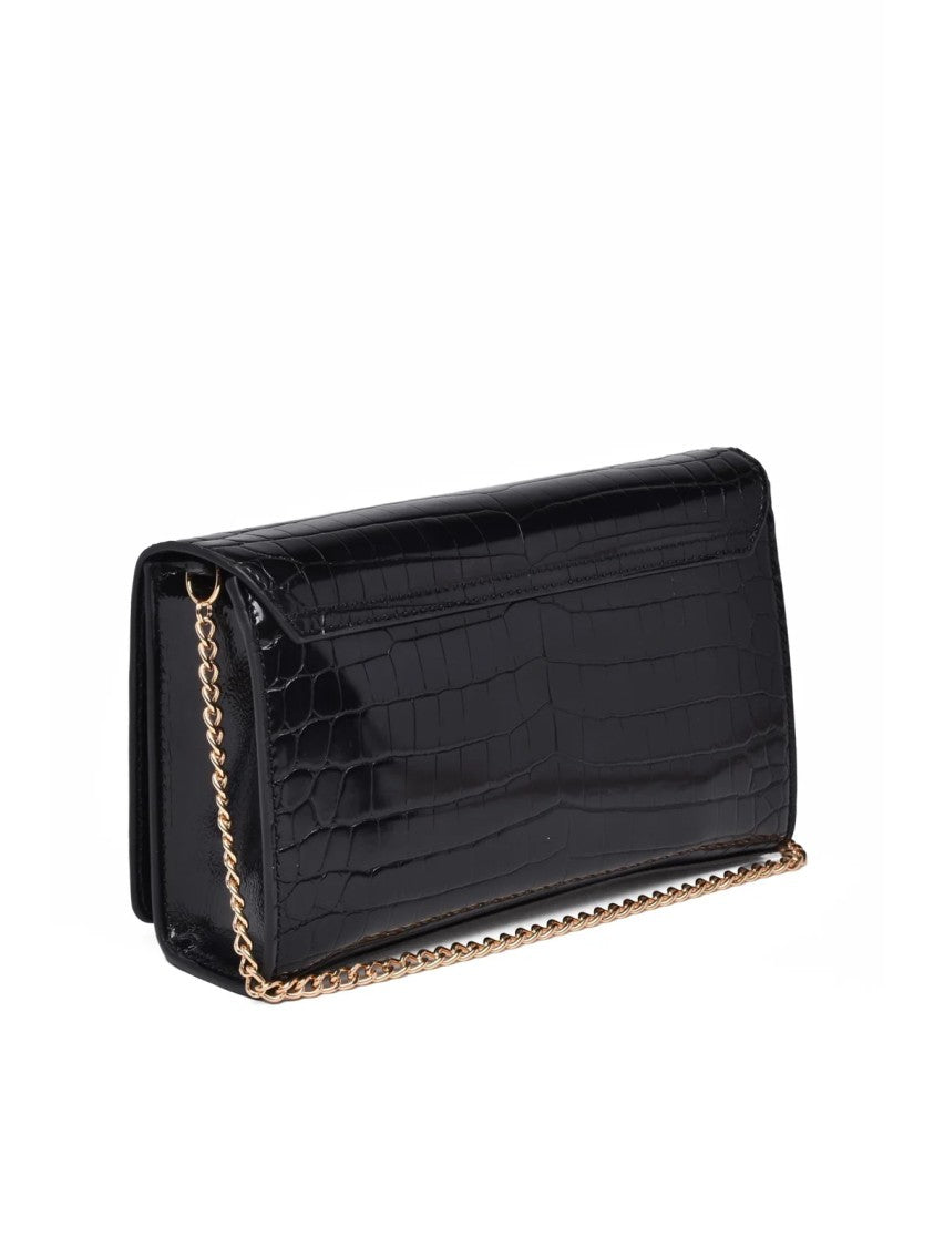 Love Moschino Crocodile-Embossed Black Shoulder Bag With Gold Logo Plaque