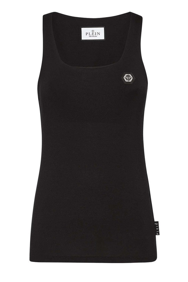 Philipp Plein Black Cotton Logo-Patch Tank