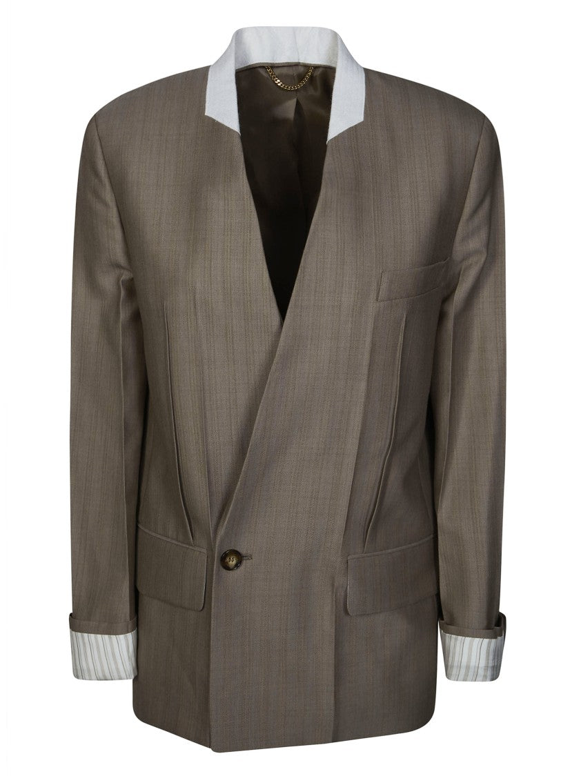 Victoria Beckham Muted Taupe Pinstripe Collarless Jacket