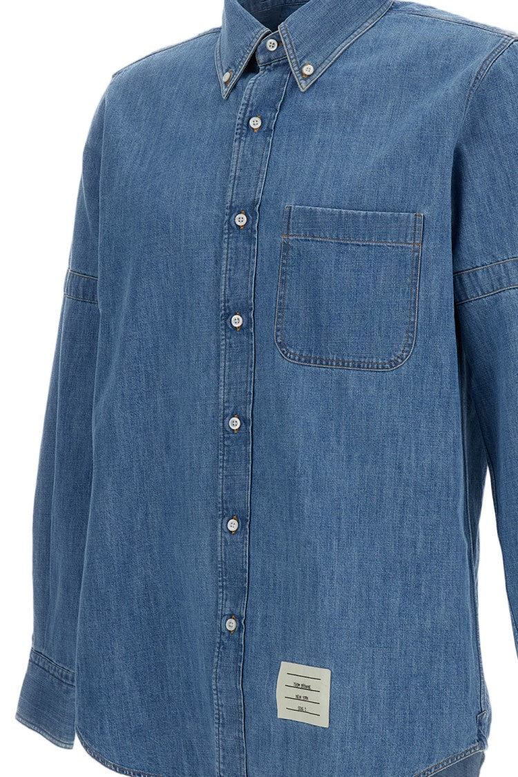 Thom Browne Blue Denim Armbands Curved Hem Casual Shirt