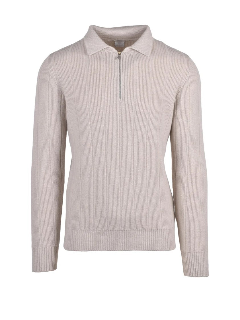 Eleventy Zip Neck Cashmere Sweater With Ribbed Knit Texture