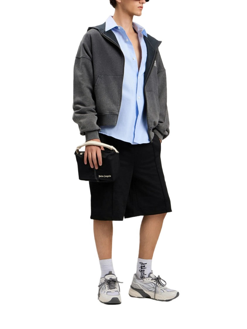 Palm Angels Mid-Length Black Track Shorts With Curved Logo Print