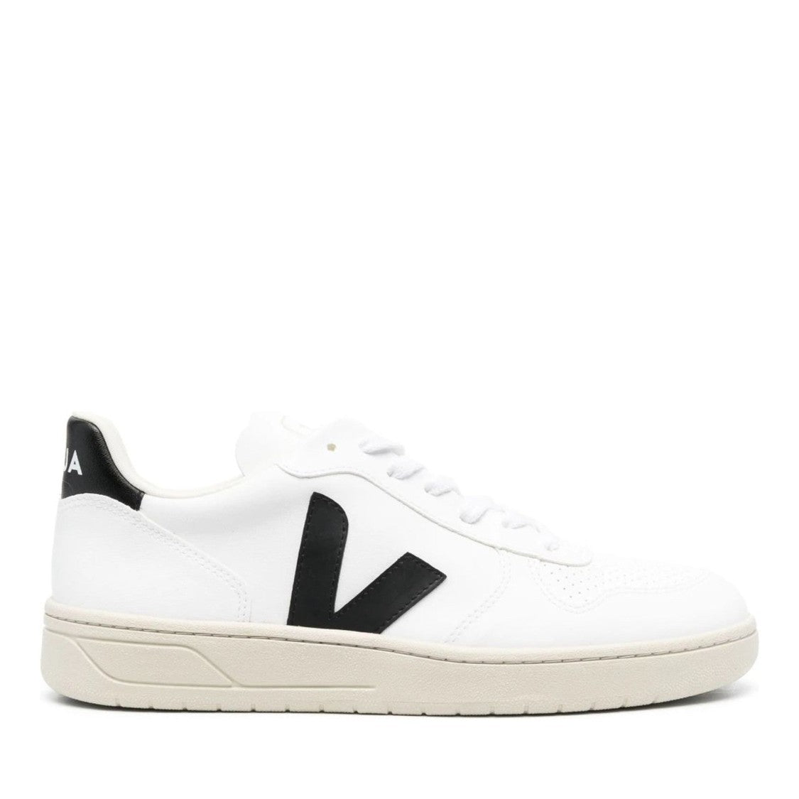 Veja V-10 White Contrasting Logo Perforated Leather Sneakers