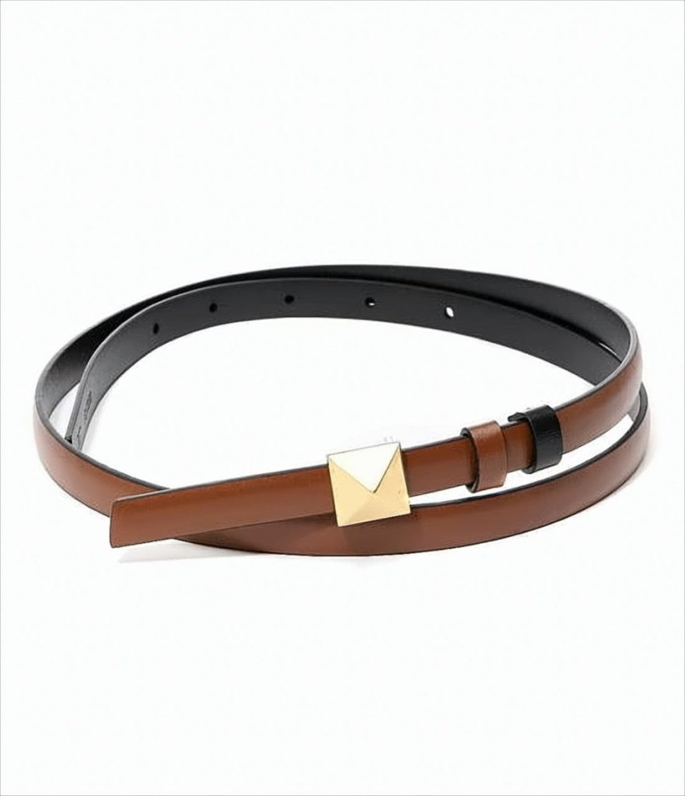 Valentino Garavani Slim Leather Belt With Gold Pyramid Buckle