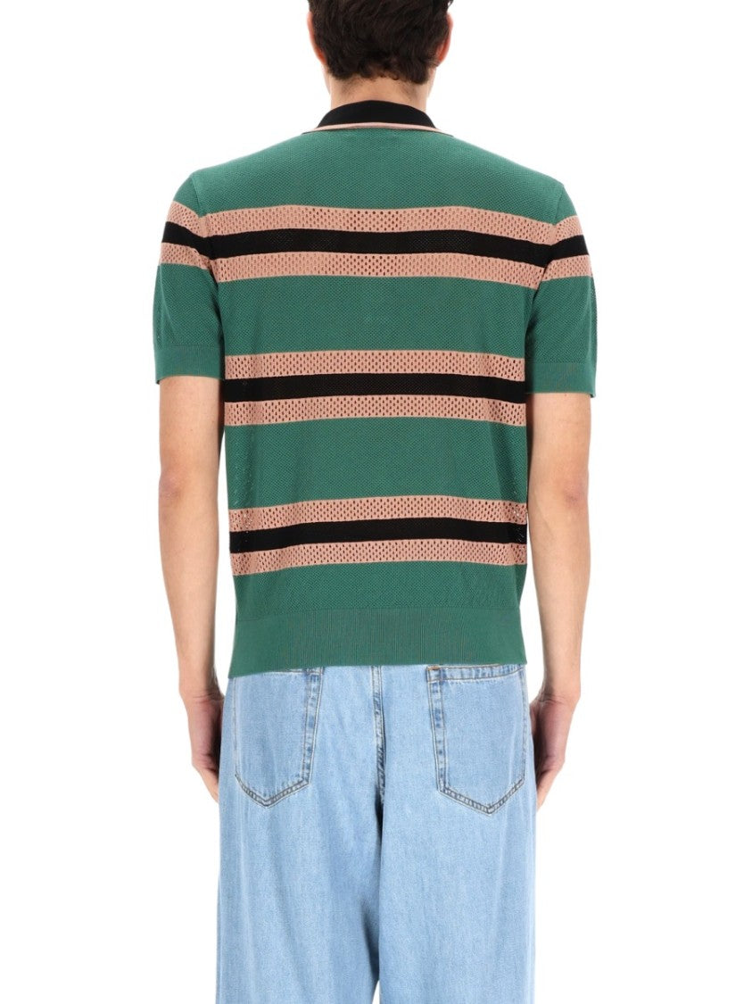 Dries Van Noten Perforated Knit Horizontal Stripes Polo Shirt