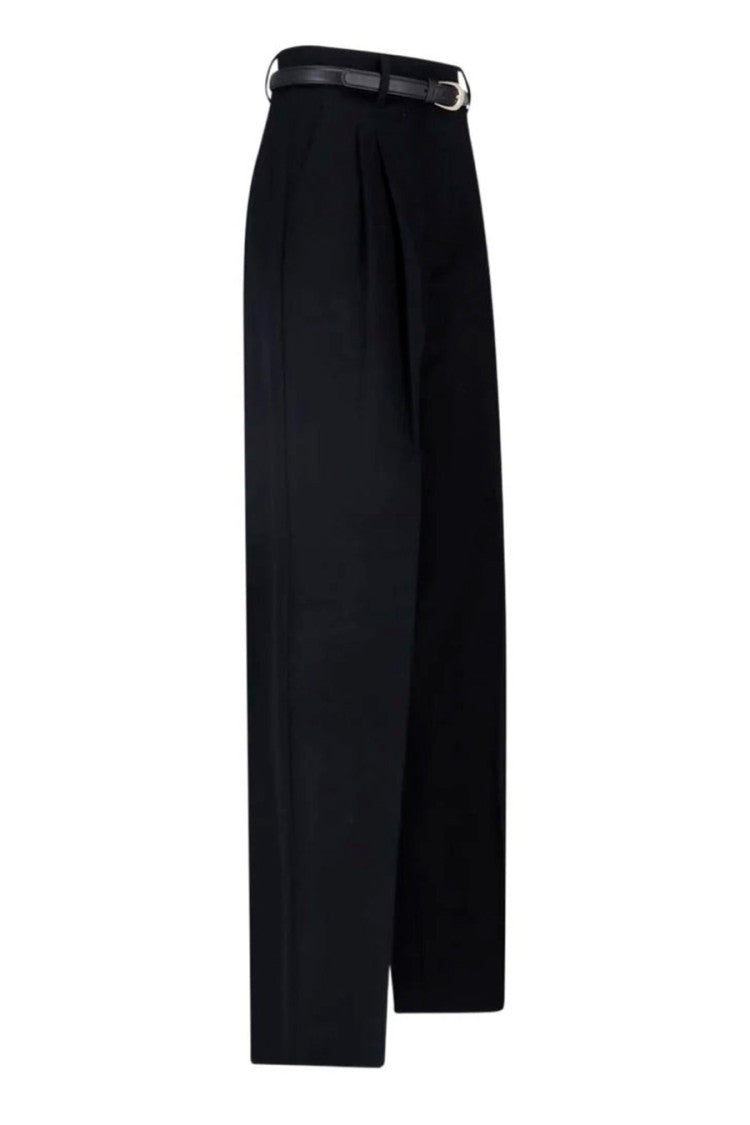 Max Mara Black Mstcocco Belted Pleated Virgin Wool Pants