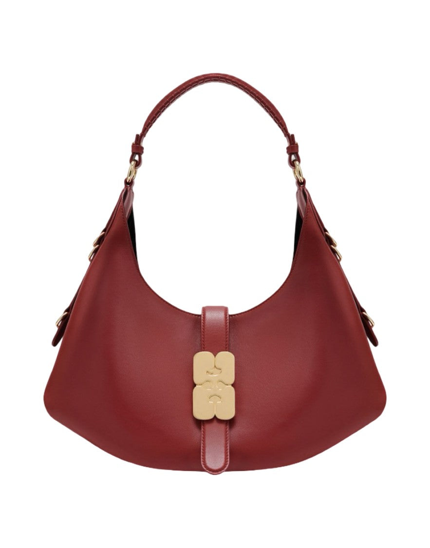 Ganni Crescent-Shaped Burgundy Handbag With Gold-Tone Hardware