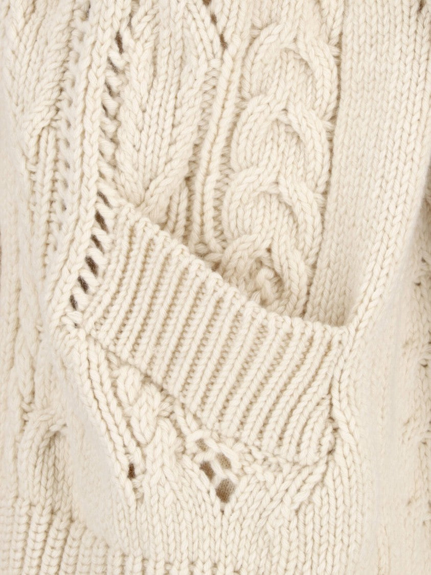 Ermanno Scervino Cream Shearling Collar Virgin Wool Cardigan