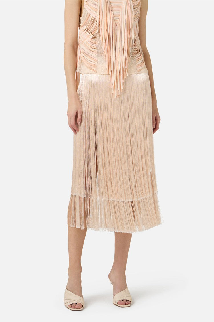 Elisabetta Franchi Blush Pink Tiered Fringed Hem Acetate Midi Skirt