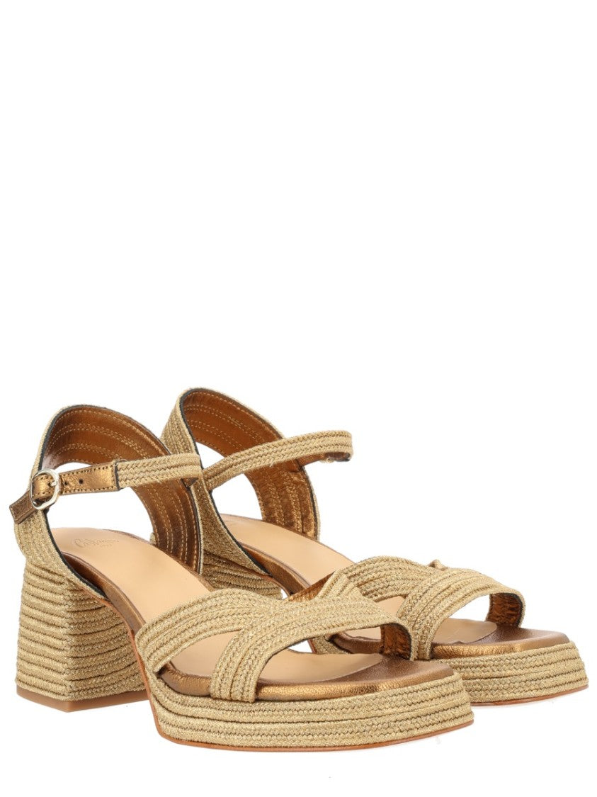 Castaner Neutrals Crisscross Straps Metallic Block Sandals