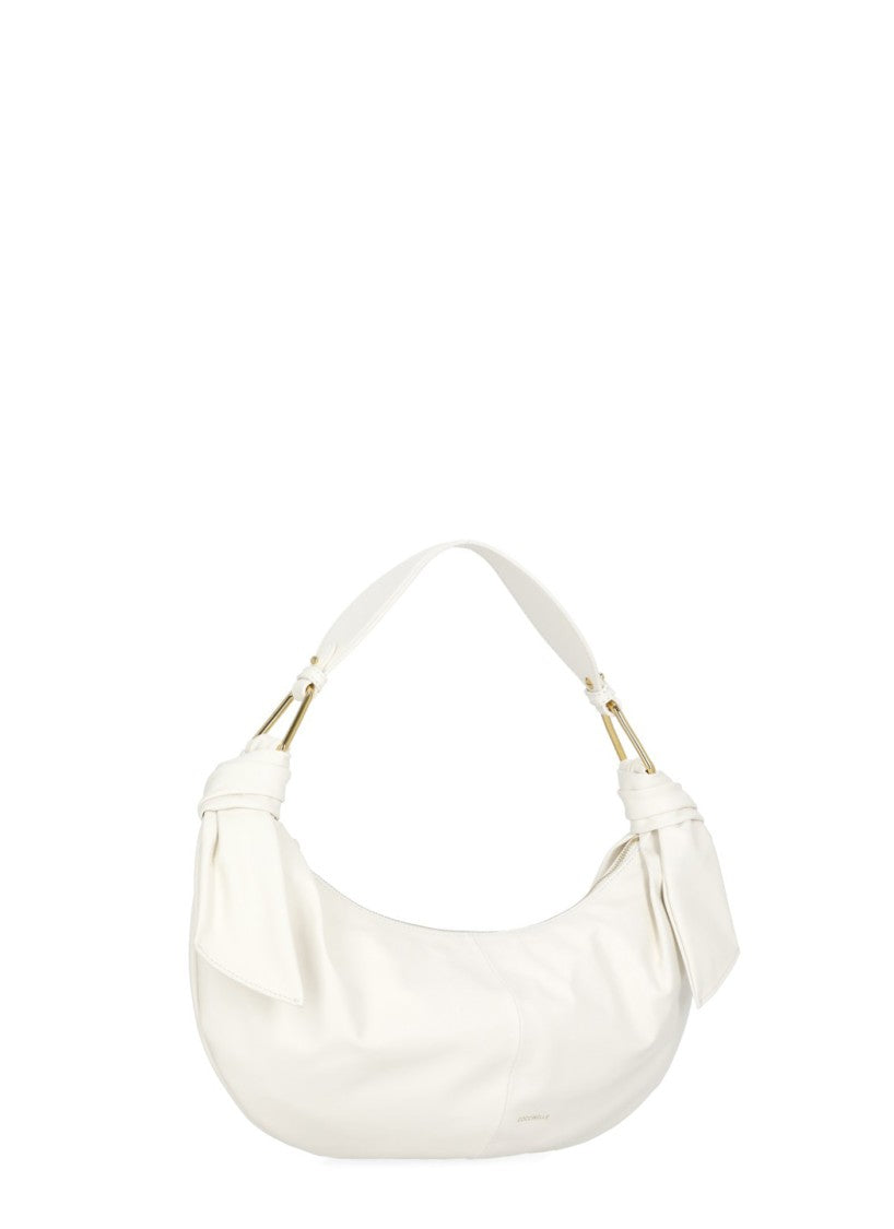 Coccinelle Crescent-Shaped Ivory Leather Shoulder Bag With Golden Hardware
