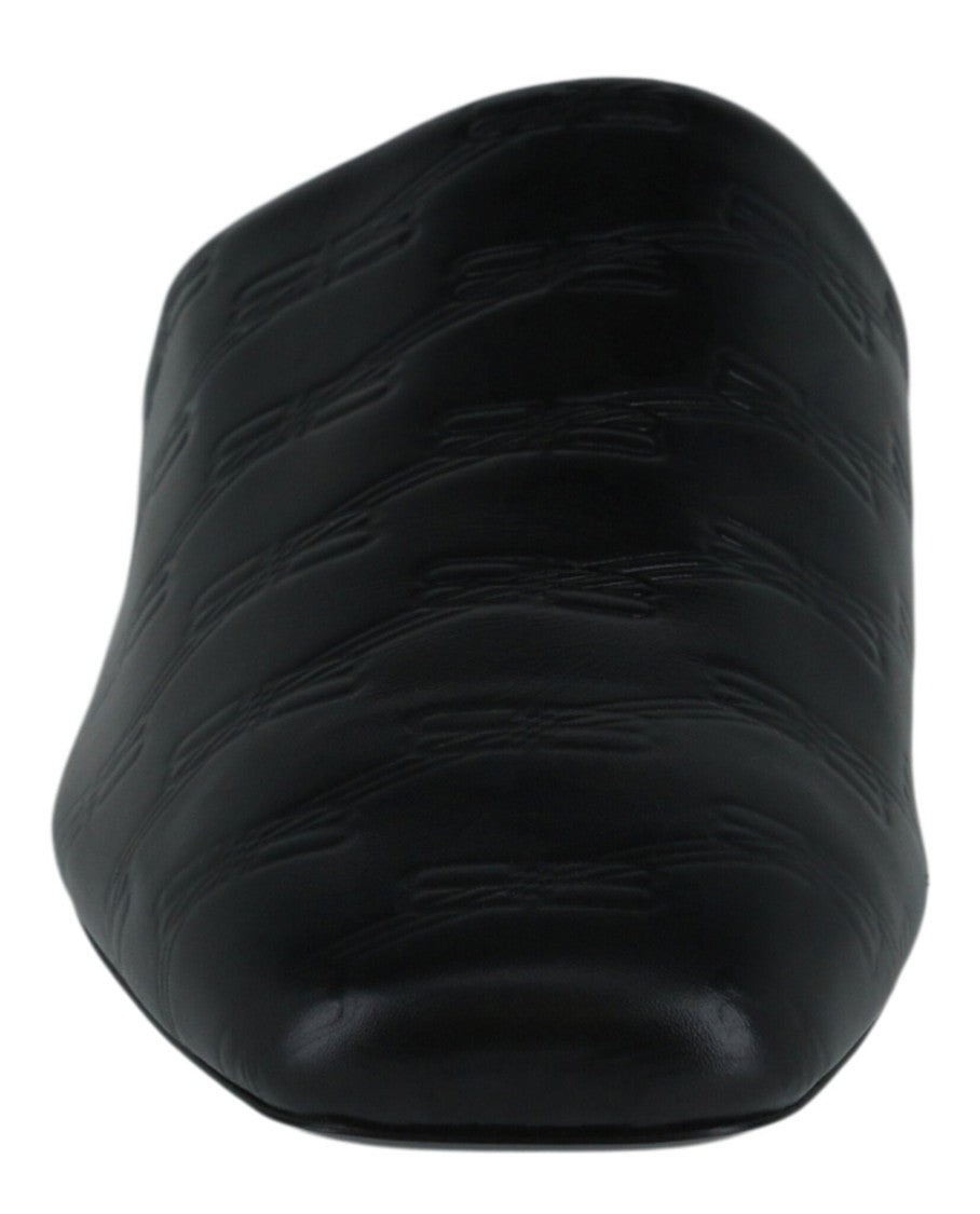 Balenciaga Square-Toe Black Calfskin Mules With Embossed Bb Monogram