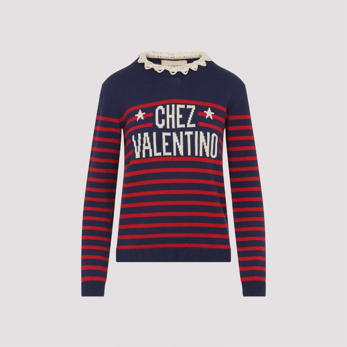 Valentino Blue Cotton Sweater With Striped Design