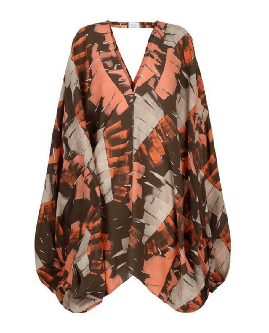 Ferragamo V-Neck Poncho Patterned Dress