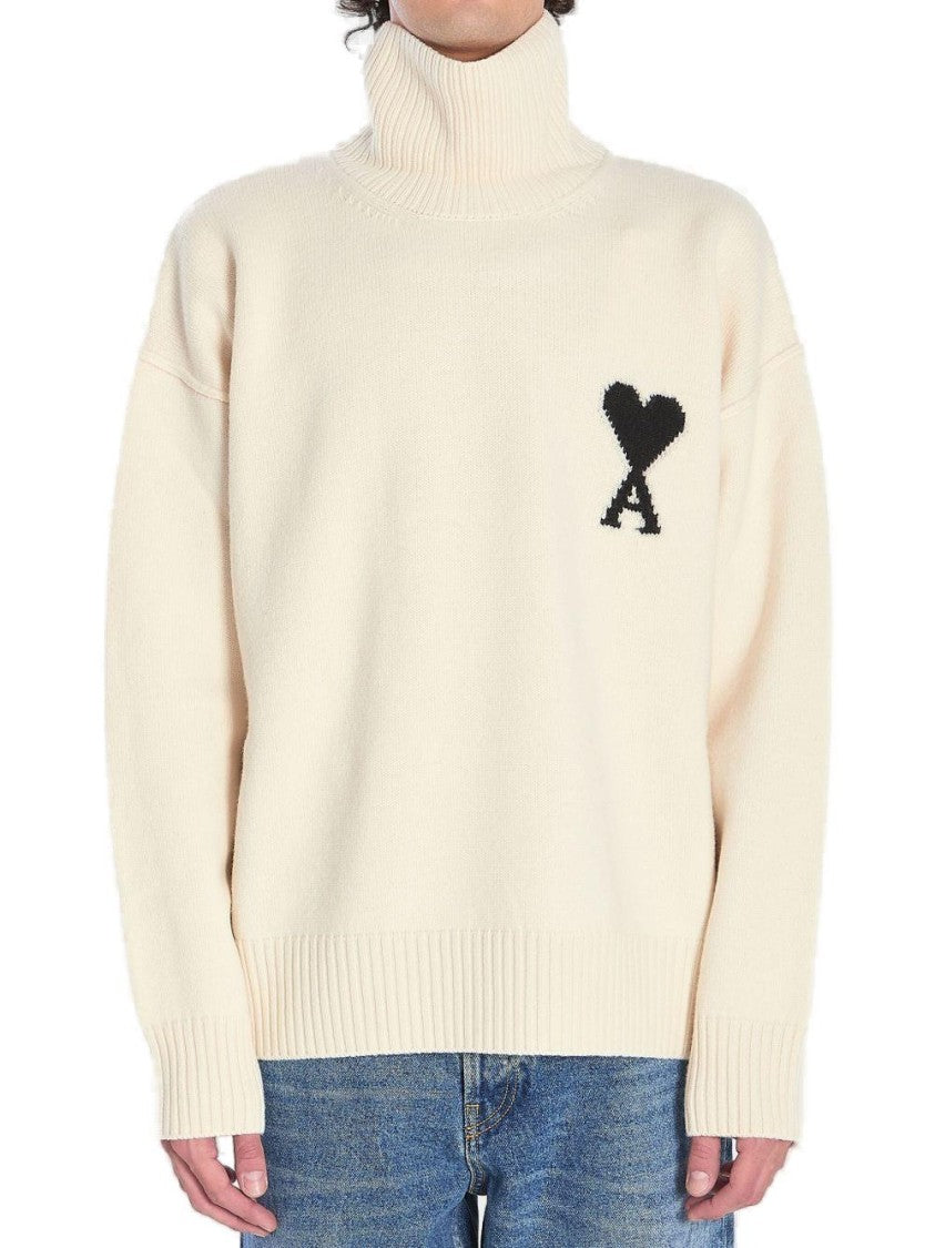 Ami White Turtleneck Sweater With Heart Motif