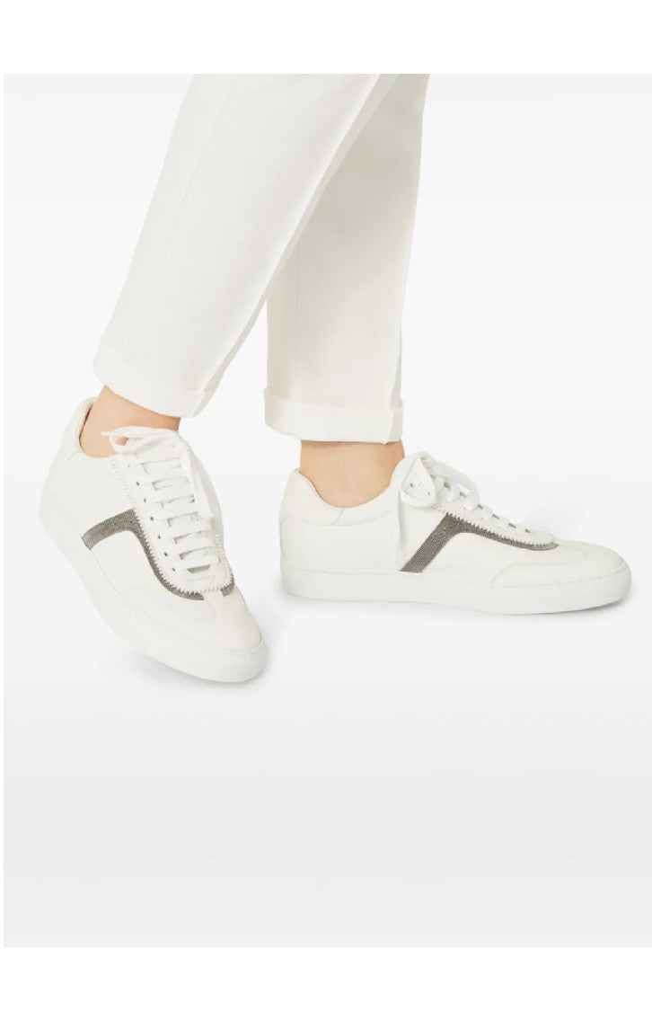 Brunello Cucinelli Sleek White Leather Sneakers With Textured Stripe