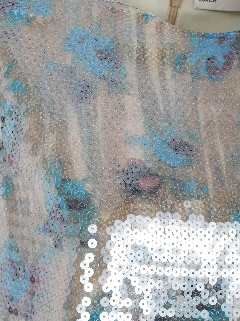 Tory Burch Sleeveless Boxy Top With Blue Rose Print And Sequins