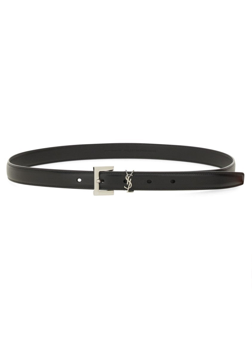 Saint Laurent Slim Calfskin Leather Belt With Polished Buckle Charm