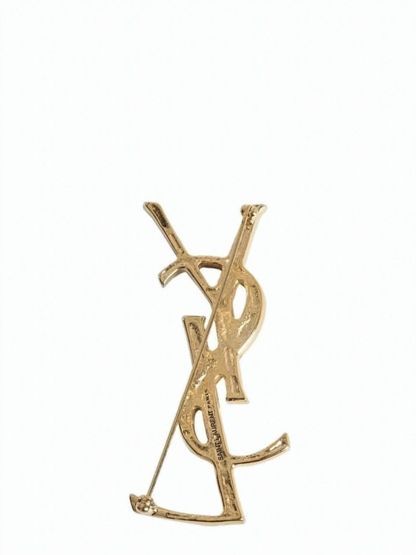Saint Laurent Gold-Tone Crocodile-Inspired Ysl Logo Brooch