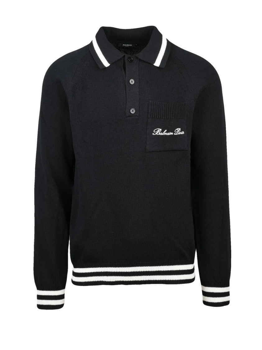Balmain Black Cotton-Blend Knit Polo Shirt
