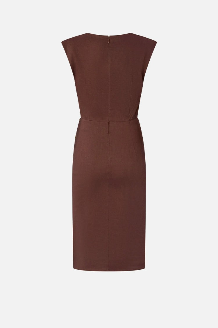 Pinko Brown Alissa Ruched Side Seam Linen-Blend Mini Dress