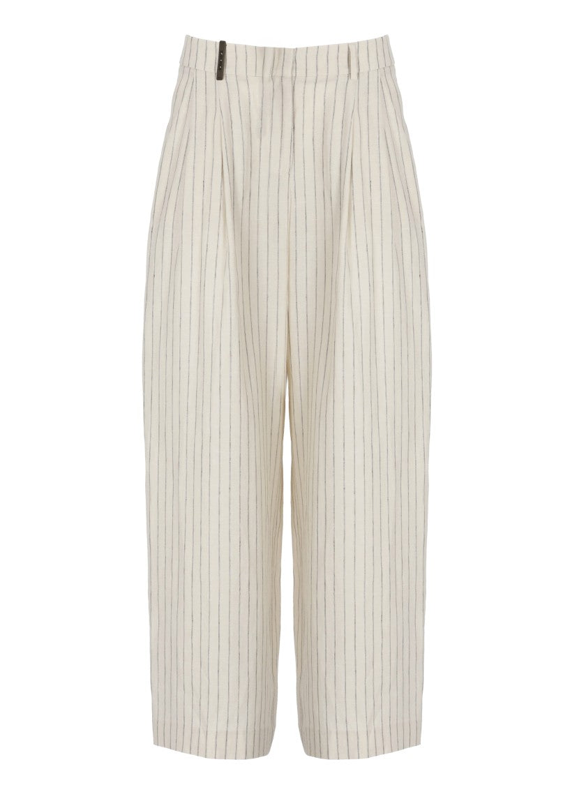Peserico Ivory Striped Linen Wide-Leg Pants