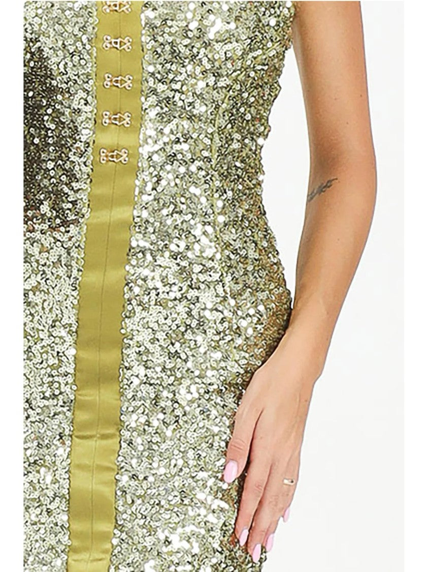 Elisabetta Franchi Strapless Sequin Midi Dress With Satin-Like Panel