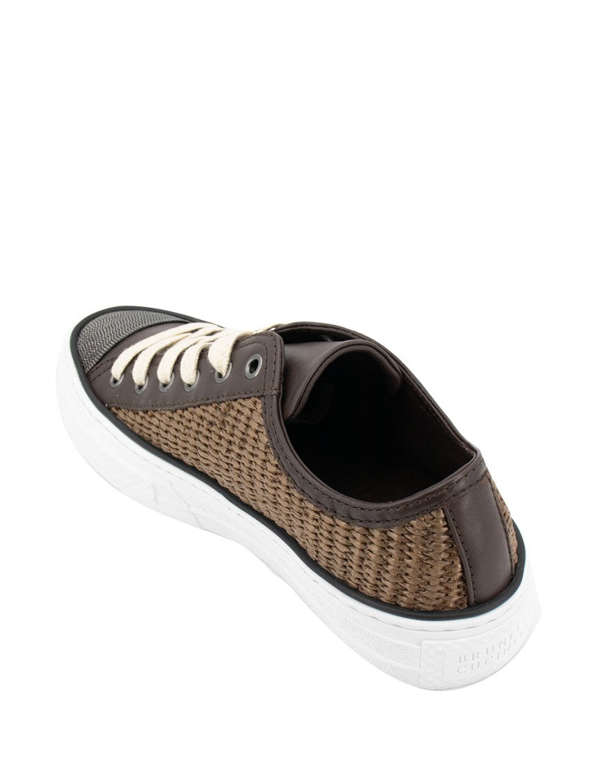 Brunello Cucinelli Woven Raffia And Leather Sneakers With Lace-Up Closure