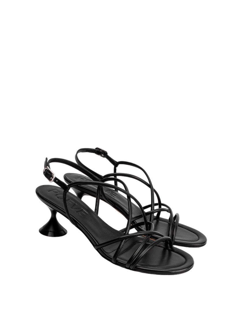 Poeve Sculptural Heel Silver Buckle Leather Sandals