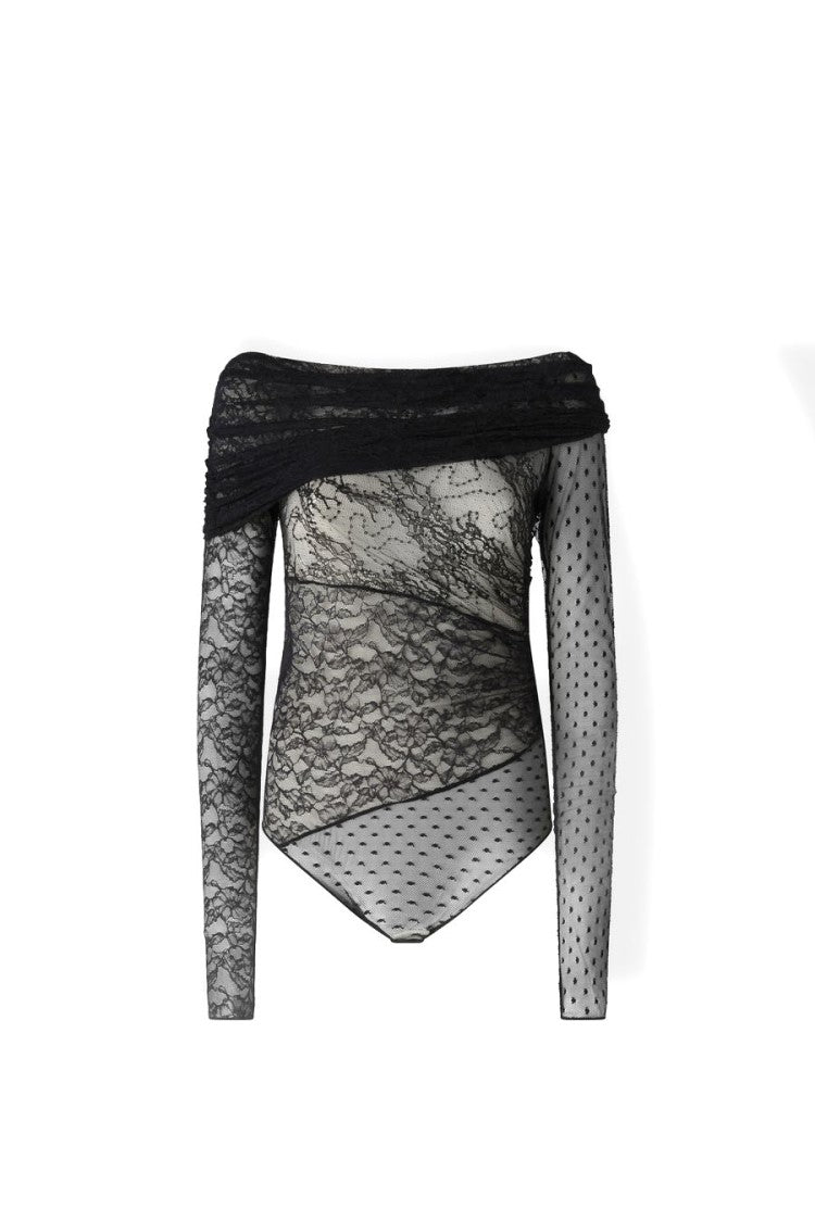 Pinko Black Sheer Draped Off-Shoulder Lace Bodysuit