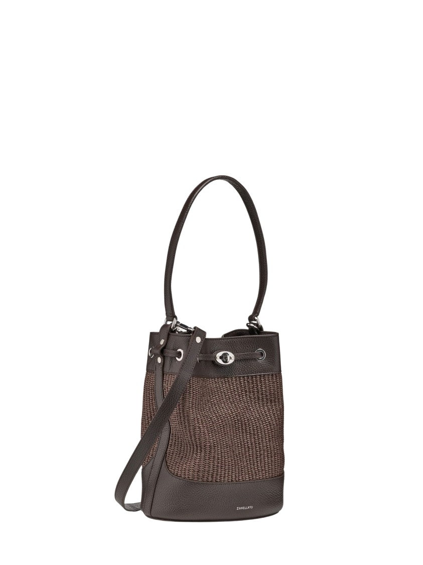 Zanellato Brown Woven Texture Leather Trim Bucket Bag