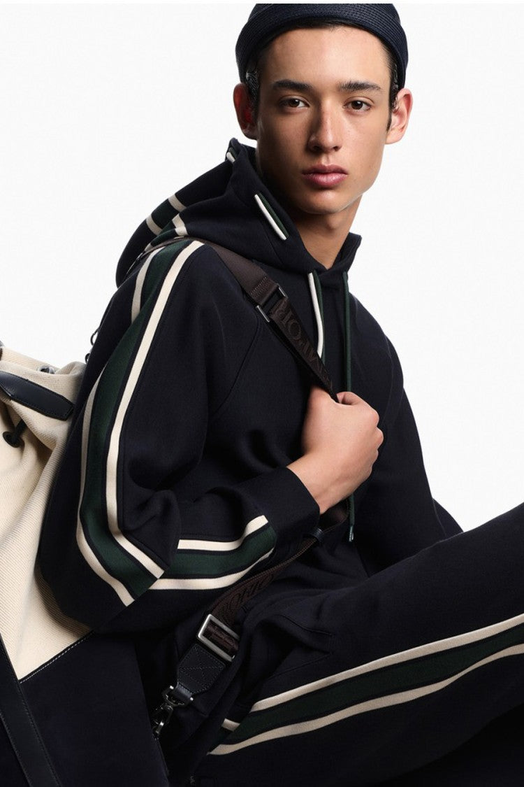 Emporio Armani Navy Green-And-White Sleeve Stripe Cotton-Blend Hoodie