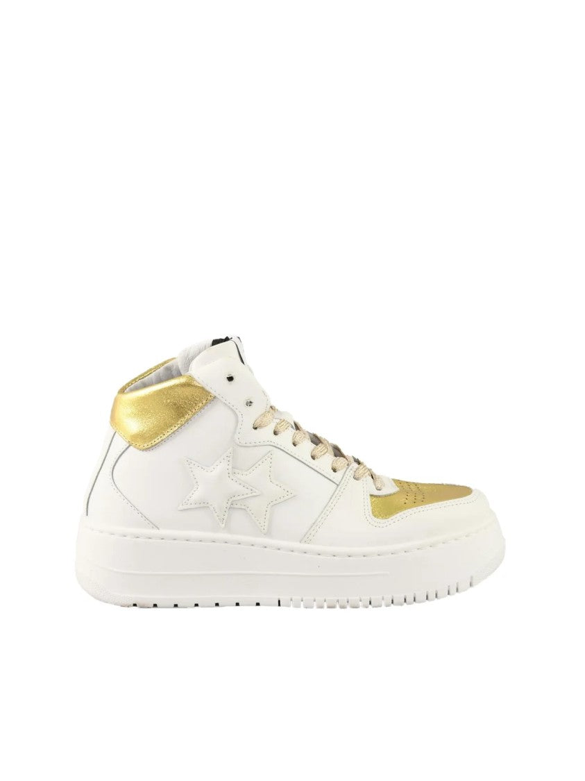 2Star White/Gold Metallic Accent Leather Mid-Top Sneakers