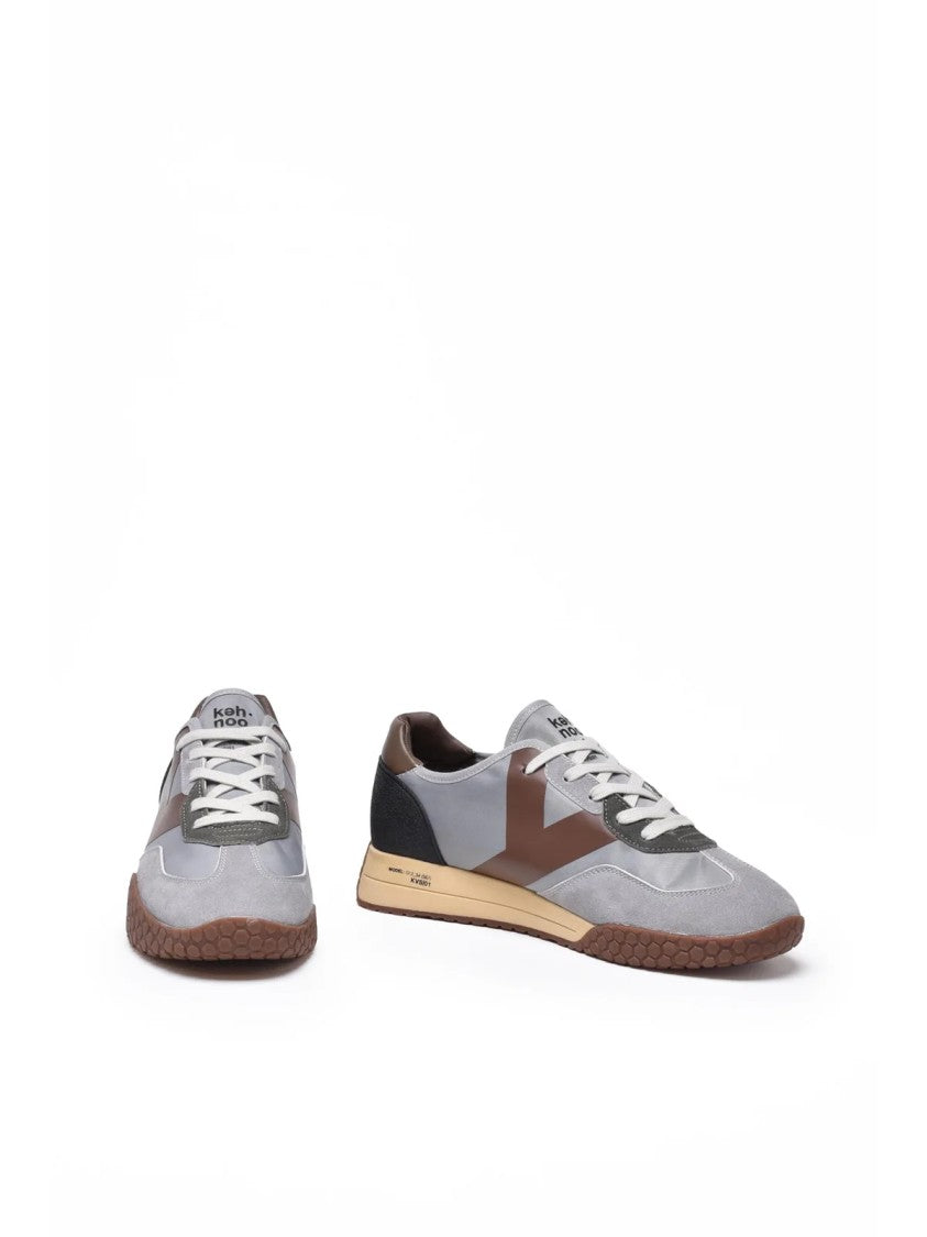 Keh-Noo Grey-Brown Leather Patchwork Sneakers