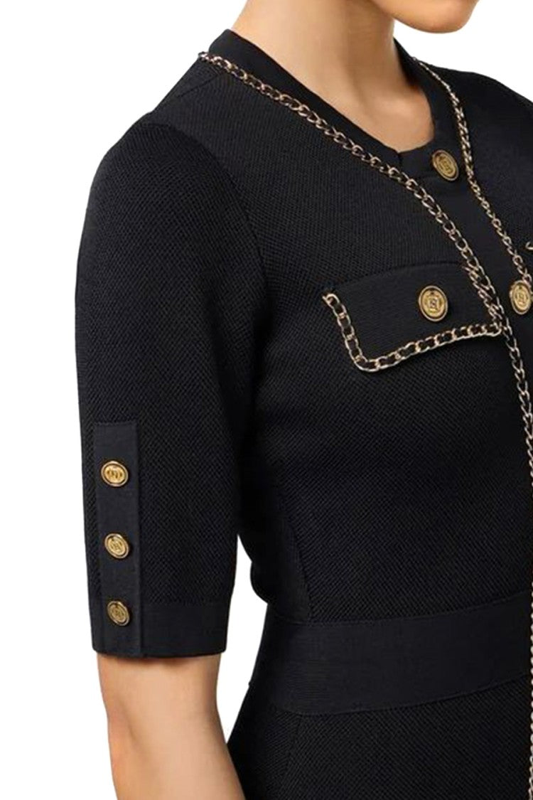 Elisabetta Franchi Fitted Black Mini Dress With Button-Down Front And Gold-Chain Detailing
