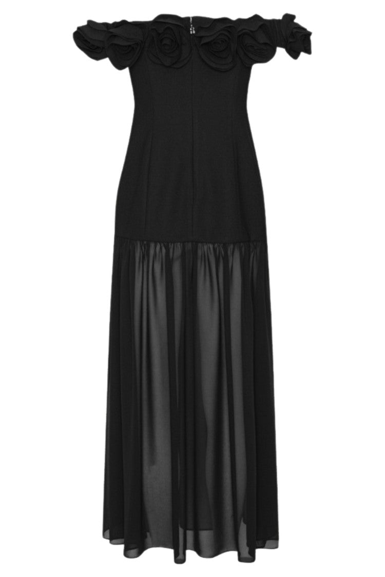 Rotate Black Crepe Off-The-Shoulder Floral Maxi Dress