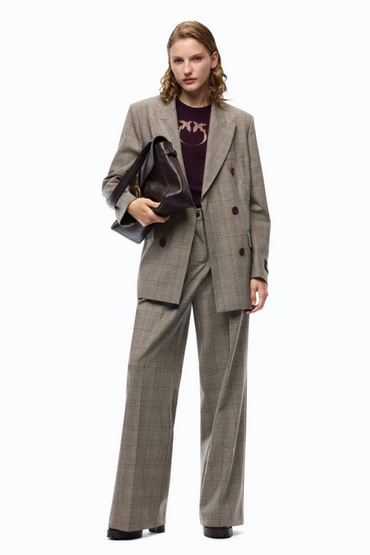 Pinko Grey Plaid Check Wide-Leg Trousers