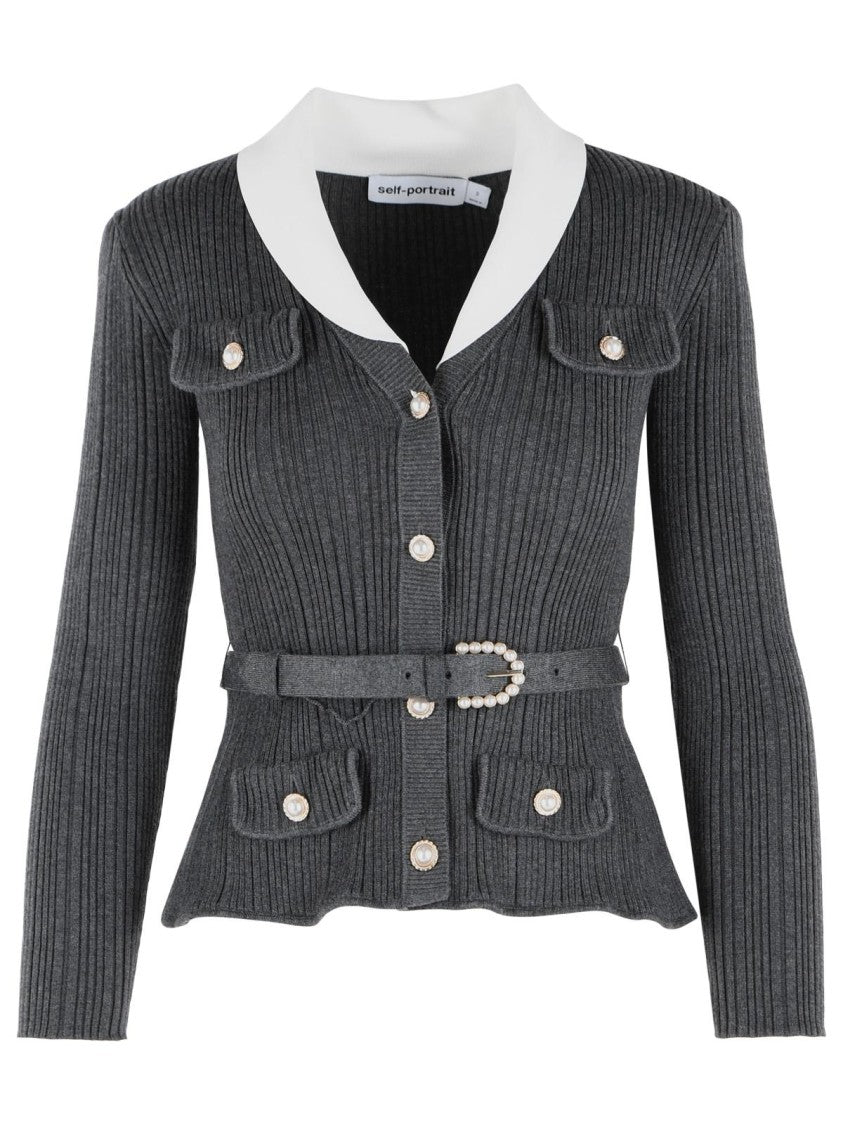 Self-Portrait Ribbed Cardigan In Grey Viscose Blend